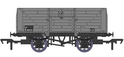 Detailed model of the Southern Railway standard design 8 plank open wagons with their distinctive hinged top doors produced by Rapido Trains. These open wagons were the most numerous type built by the Southern Railway, with over 8,000 constructed between 1926 and 1937. The majority of these passed to  British Railways ownership at nationalisation.This model diagram D1379 wagon S30215 features the 9ft wheelbase chassis, Morton brake levers and split-spoke wheels. Finished in British Railways goods grey livery.
