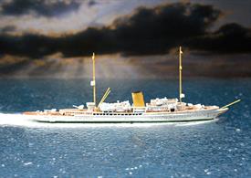 Grille is a 1/1250 scale metal model of the State Yacht of Germany in 1937. This model is made by Albatros SM, catalogue number Alk101-1 and is presented fully assembled and painted by the German maker. The overall length of the Grille model is 11.5cm including the bow sprit.