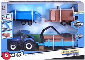 Burago 10cm New Holland Farm Tractor with 3 Trailers