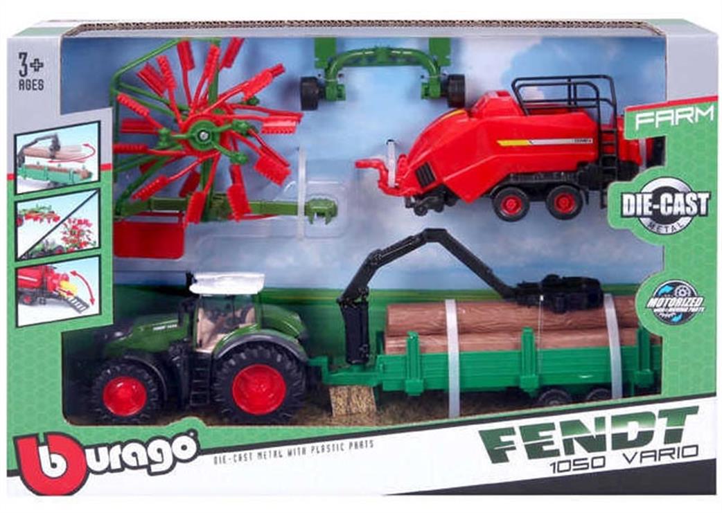 Burago 10CM B18-31668FE Fendt Farm Tractor with 3 Trailers