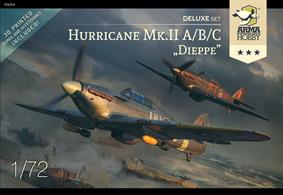 ARMA HOBBY 1/72 Hurricane Mk II a/b/c Dieppe Deluxe Set • Two sets of plastic parts (each for the Mk II A/B/C version). • Two sets of photo-etched frets. • Two sets of 3D printed accessories (cannons, exhausts, mirrors, mesh frame for carburettor inlet). • Two sets of 3D printed 500lb bombs (four bombs). • Decals with eight marking variants from "Operation Jubilee"