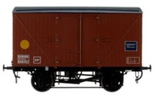 Model of the second type of British Railways insulated banana van featuring the LMS style body with plug type doors mounted on a standard British Railways 10ft wheelbase chassis. Initially steam heated the yellow spots were applied when additional insulation was fitted, it being found that the extra insulation was capable of maintaining a steady internal temperature throughout the journey.