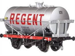Highly detailed model of the Air Ministry specification oil tank wagons, built to government orders between 1939 and 1944 for conveying aviation fuel and distributed among the oil companies after the war.This all new Dapol model will feature separately fitted platforms and ladders to produce many detail variations plus a fully sprung chassis.This model as finished as Regent wagon 101 with a silver painted tank and red lettering.