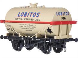 Highly detailed model of the Air Ministry specification oil tank wagons, built to government orders between 1939 and 1944 for conveying aviation fuel and distributed among the oil companies after the war.This all new Dapol model will feature separately fitted platforms and ladders to produce many detail variations plus a fully sprung chassis.This model as finished as Lobitos wagon 106 with a stone colour tank and red lettering shaded in blue.Release updated to Mid 2024.