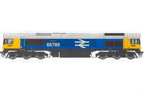 Dapol O Gauge model of GBRf Class 66 66789 British Rail 1948-1997 finished in the BR Large Logo Blue livery.In 2017 to mark the 70th anniversary of the formation of British Railways GBRf painted 66789, one of their ex-EWS 66s formerly 66250, in BR 1980s large logo blue livery.