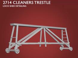 Contains 1 wheeled mobile cleaners trestle, as used at locomotive sheds and carriage depots to allow cleaners to access the upper sections of locomotives and coaches when not stabled alongside a platform.Supplied unpainted.