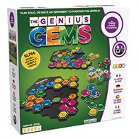 Each player receives their own Genius Gems grid and a set of the ten, double-sided clusters of gems. Roll five of the dice inside the shaker and they will land in the five coloured wells. Now race your opponent to fill every space on the grid using the ten clusters, so that the patterns shown on the dice appear simultaneously on the grid, in the correct colours.