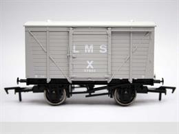 A model of the later standard design of LMS covered box van with corrugated steel ends and horizontal planking finished in LMS light grey livery.Over 20,000 vans were built to this basic design from the late 1930s and into the early British Railways era after nationalisation.