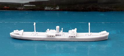 The Fort/Lake type of freighters of WW2 can be built in 1/1200 scale from this waterline 3D printed kit from John's Model Shipyard, catalogue number MV302.The large photograph shows a finished and painted model with added Plastruct aerials and derricks. The ship is in medium grey with darker decks and very dark hatch covers. There is no contrasting boot topping, as recommended by the camouflage experts from 1942 to the end of the war.