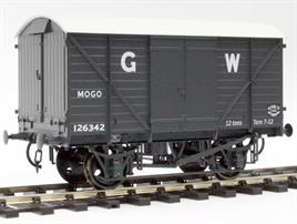 From 1927 the GWR adopted the RCH 17ft6in length steel underframe as the standard for their goods wagons, initially with a 9ft wheelbase and changed to 10ft wheelbase from 1932.The MOGO vans were fitted with end doors and drop-flaps, allowing road vehicles, typically motor cars, to be rolled inside from an end loading dock, the drop flap providing a bridge over the buffers. The vans were also fitted with standard side doors, allowing them to be used as normal ventilated vans.Model finished in GWR goods grey livery.