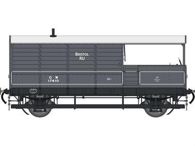 Announced Autumn 2022, planned production Late 2023.A highly detailed model of the GWRs standard 24-feet length goods train brake van, introduced from 1912 and built, with many detail differences, until 1950. The long wheelbase of these vans gave the guard a good ride, with a very effective hand brake and a large cabin which allowed extra crew to be accommodated. This model finished as diagram AA21 Toad number 17410 in GWR goods grey livery. This diagram featured full vacuum brake fittings with the brake cylinder mounted between the sand boxes on the veranda.