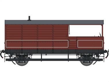 Announced Autumn 2022, planned production Late 2023.A highly detailed model of the GWRs standard 24-feet length goods train brake van, introduced from 1912 and built, with many detail differences, until 1950. The long wheelbase of these vans gave the guard a good ride, with a very effective hand brake and a large cabin which allowed extra crew to be accommodated. This is an unnumbered model of a diagram AA21 Toad in British Railways bauxite livery. This diagram featured full vacuum brake fittings with the brake cylinder mounted between the sand boxes on the veranda.