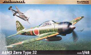 ProfiPACK edition kit of Japanese WWII naval fighter plane A6M3 Zero Type 32 in 1/48 scale. plastic parts: Eduard marking options: 5 decals: Eduard PE parts: pre-painted painting mask: yes