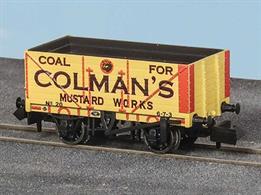 A new model of the standard RCH 1923 7 plank open coal wagons produced by Peco featuring the correct 9-feet wheelbase wood underframe and a detailed body moulding including interior planking detail.Wagon finished in the bright yellow livery used by the Colmans Mustard Works for their coal supply wagons.