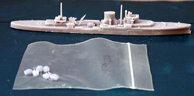 A model of Leander in 1939 or its sister Achilles can be made from this 3D resin-printed kit in 1/1200 scale waterline form. The kit is by John's Model Shipyard No.RN322.