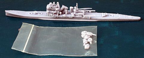 This kit of Chokai, a Japanese heavy cruiser of WW2, can be used to make a 1/1200 scale waterline model of either Chokai or its sistership Maya. They were both members of the Takao class but Maya and Chocai received less radical makeovers than their sisters Atago and Takao. The kit is 3D printed in resin by John's Model Shipyard No.IJN303.Kit No.IJN301 makes the sisterships Takao and Atago.