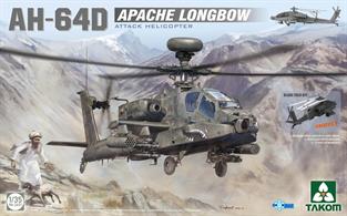 US AH-64D Apache Longbow Attack Helicopter. Formidable close combat attack helicopter designed and built in the United States. Prototypes first flew in 1975, production aircraft entering service with the US Army from 1986. The upgraded Apache Longbow followed in 1997 and is the version represented in the Takom model kit. New tooling. Full cockpit &amp; interior, detailed weapons load. Folding rotor blades (approx diameter in flight mode 418.2mm). Photo-etch parts included. Choice of 3 markings. 1:35 scale plastic model kit from Takom, requires paint and glue.