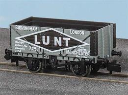 A new model of the standard RCH 1923 7 plank open coal wagons produced by Peco featuring the correct 9-feet wheelbase wood underframe and a detailed body moulding including interior planking detail.Wagon finished in the livery used by Birmingham based coal factors Lunt with the company name contained within a large black diamond on a grey wagon and listing the company depots in Birmingham, London and Manchester.