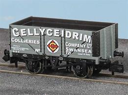 A new model of the standard RCH 1923 7 plank open coal wagons produced by Peco featuring the correct 9-feet wheelbase wood underframe and a detailed body moulding including interior planking detail.Wagon finished in the livery of the Gellyceidrim Collieries Company of Swansea of grey body with a company 'illiteracy mark' on the side door.
