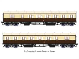 New highly detailed models of the GWR diagram E140 brake composite coaches which were built as pairs formed into 2-coach 'B set' trains. These 2-coach sets were the normal train for many branch lines or could be coupled together when needed for mainline local stopping services. Introduced in 1930 the diagram E140 coaches featured partially recessed door handles and recessed guards' doors similar to the express stock being constructed around the same time. These highly detailed models include full interior detailing with seating, luggage racks and lighting.Finished as coaches 6457 and 6459 in post WW2 chocolate &amp; cream livery with GWR lettering and twin cities crests.