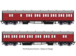 New highly detailed models of the GWR diagram E140 brake composite coaches which were built as pairs formed into 2-coach 'B set' trains. These 2-coach sets were the normal train for many branch lines or could be coupled together when needed for mainline local stopping services. Introduced in 1930 the diagram E140 coaches featured partially recessed door handles and recessed guards' doors similar to the express stock being constructed around the same time. These highly detailed models include full interior detailing with seating, luggage racks and lighting.Finished as coaches W6365 and W6366 in early British Railways plain crimson livery.