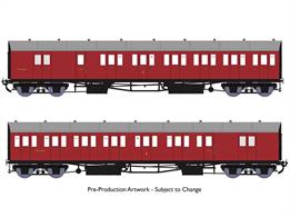 New highly detailed models of the GWR diagram E140 brake composite coaches which were built as pairs formed into 2-coach 'B set' trains. These 2-coach sets were the normal train for many branch lines or could be coupled together when needed for mainline local stopping services. Introduced in 1930 the diagram E140 coaches featured partially recessed door handles and recessed guards' doors similar to the express stock being constructed around the same time. These highly detailed models include full interior detailing with seating, luggage racks and lighting.Finished as coaches W6534 and W6555 in early British Railways plain crimson livery Bristol Division set number 49.