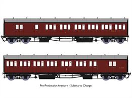 New highly detailed models of the GWR diagram E140 brake composite coaches which were built as pairs formed into 2-coach 'B set' trains. These 2-coach sets were the normal train for many branch lines or could be coupled together when needed for mainline local stopping services. Introduced in 1930 the diagram E140 coaches featured partially recessed door handles and recessed guards' doors similar to the express stock being constructed around the same time. These highly detailed models include full interior detailing with seating, luggage racks and lighting.Finished as coaches W6455W and W6456W in later British Railways plain unlined maroon livery