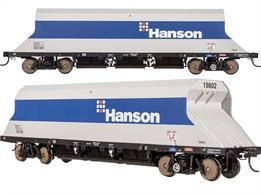 A detailed OO gauge model of the JHA aggregate hopper wagons built by Powell Duffryn for ARC, initially painted in ARC livery, later repainted into Hanson Aggregates colours. This fleet of wagons is notable due to the use of the inside bearing TF1 bogies and trains are normally formed with a number of bufferless 'middle' wagons coupled between 'end' wagons which have conventional couplings at one end. Dapol have replicated this using buffers and tension lock couplers at the outer end of end wagons and knuckle couplers to and between middle wagons.Model of ARC PD type JHA hopper middle wagon 19823 in ARC olive and grey livery.