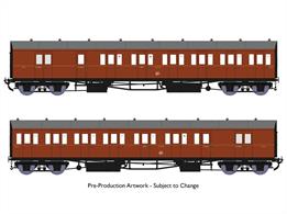 New highly detailed models of the GWR diagram E140 brake composite coaches which were built as pairs formed into 2-coach 'B set' trains. These 2-coach sets were the normal train for many branch lines or could be coupled together when needed for mainline local stopping services. Introduced in 1930 the diagram E140 coaches featured partially recessed door handles and recessed guards' doors similar to the express stock being constructed around the same time. These highly detailed models include full interior detailing with seating, luggage racks and lighting.Finished as coaches 6453 and 6454 finished in the GWR wartime economy plain brown livery lettered as Kingsbridge branch set number 2