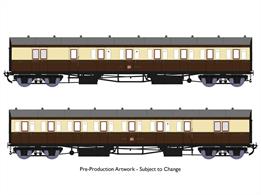 New highly detailed models of the GWR diagram E140 brake composite coaches which were built as pairs formed into 2-coach 'B set' trains. These 2-coach sets were the normal train for many branch lines or could be coupled together when needed for mainline local stopping services. Introduced in 1930 the diagram E140 coaches featured partially recessed door handles and recessed guards' doors similar to the express stock being constructed around the same time. These highly detailed models include full interior detailing with seating, luggage racks and lighting.Finished as coaches 6894 &amp; 685 in GWR post-WW2 lined chocolate and cream livery lettered for the Kingham Branch which was a cross-country link from the GWRs Cheltenham St.James station to the GWR London to Birmingham route.