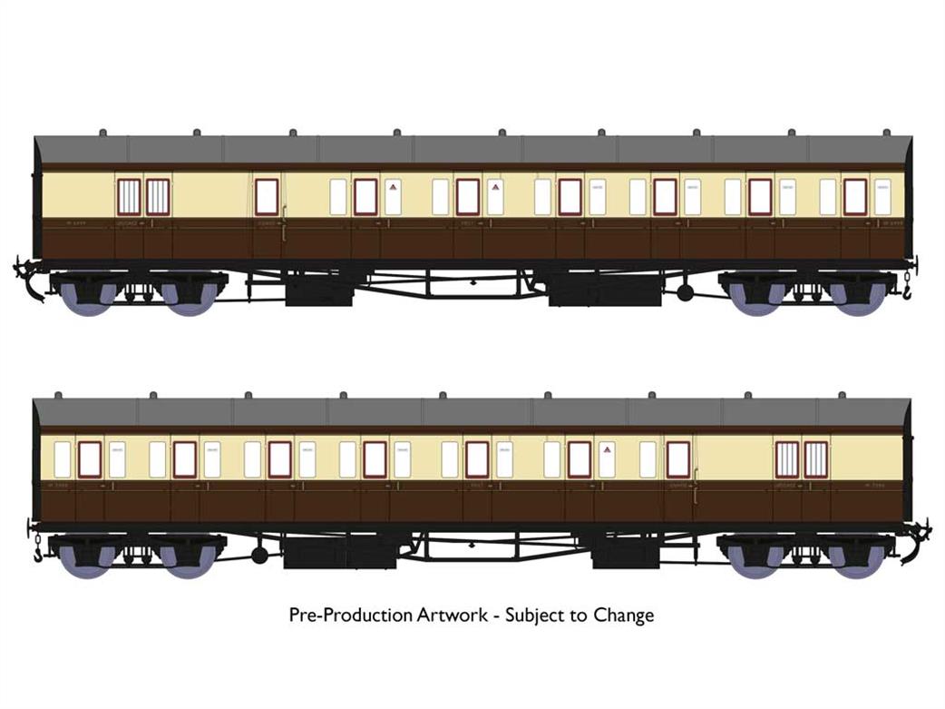 Rapido Trains 946011 BR ex-GWR 2 Coach B-Set W6999 W7000 Chocolate and Cream Livery BR lettering 1948-1950 OO