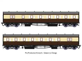 New highly detailed models of the GWR diagram E140 brake composite coaches which were built as pairs formed into 2-coach 'B set' trains. These 2-coach sets were the normal train for many branch lines or could be coupled together when needed for mainline local stopping services. Introduced in 1930 the diagram E140 coaches featured partially recessed door handles and recessed guards' doors similar to the express stock being constructed around the same time. These highly detailed models include full interior detailing with seating, luggage racks and lighting.Finished as coaches W6999 and W7000 in late GWR chocolate and cream livery with British Railways numbering. 1948 to early 1950s before full repainting