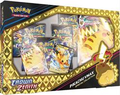 Only 1 allowed per personBox contains:5 * Crown Zenith boosters1 * Etched foil Pikachu VMAX promo1 * Foil Pikachu V promo1 * Oversized Pikachu VMAX
