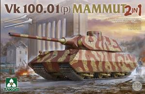 German VK 100.01 (p) Mammut, WWII Super-heavy Concept Tank 2-in-1. Another of the Third Reich's "what if?" tanks that was never built. Designs for the Versuchskampffahrzeug (VK) 'Mammut' (Mammoth) 120-ton super-heavy tank were drawn up in 1942, and while of massive proportions it was somewhat smaller than the 'Maus' super-heavy tank. Popularised in the online multiplayer video game 'World of Tanks'. Hatches can be fitted opened or closed, one-piece tracks, moveable suspension &amp; road wheels. Metal barrel &amp; photo-etch parts included. Choice of 4 markings. 1:35 scale plastic model kit from Takom, requires paint and glue.