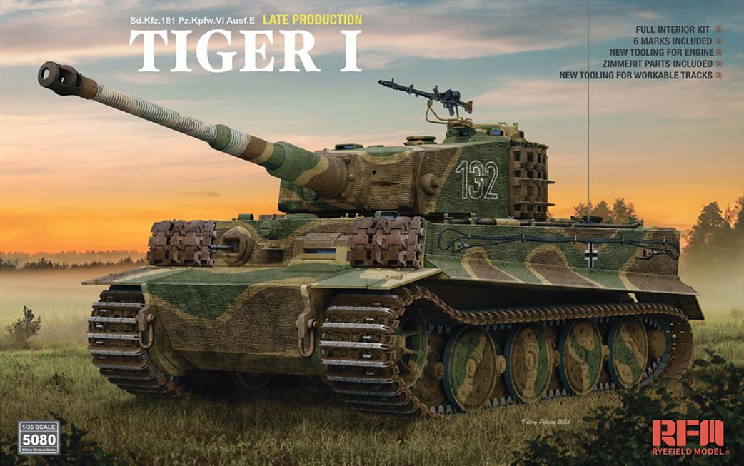 Rye Field Model 1/35 RM5080 Tiger 1 Late Production with Fill Interior & Zimmerit Tank Kit