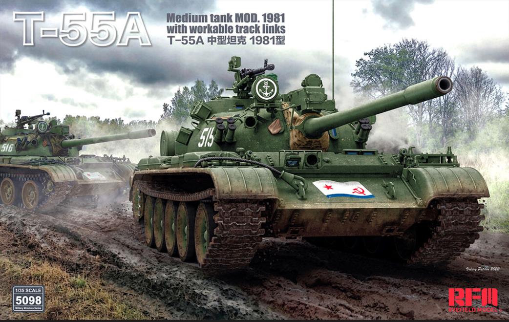 Rye Field Model 1/35 5098 Russian T-55a Medium Tanks Mod 1981 with Workable track links Tank Kit