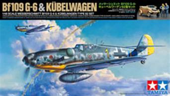 This cost-effective model kit set includes Item 61117 (1/48 Messerschmitt Bf109 G-6) and 32501 (1/48 German Kübelwagen Type 82) with a special package and painting guide. The Messerschmitt Bf109 was the German Air Force’s main aircraft during WWII, and among its variants, the G-6 featured heavy armor with the dual 13mm gun (changed from dual 7.92mm guns) and 20mm cannon gondolas. The Kübelwagen Type 82 was developed based on the Volkswagen “Beetle”, and featured simple, lightweight structure with reliable air-cooled engine and 4-wheel independent suspension. During WWII, this vehicle was in service for German forces.