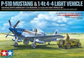 This cost-effective model kit set includes Items 61040 (1/48 North American P-51D Mustang™ 8th Air Force) and 89755 (1/48 1/4-ton 4×4 Light Vehicle), plus two (standing and sitting) pilot figures and two 108-gallon drop tanks from Item 61089 (1/48 North American P-51D Mustang 8th AF Aces), with a special package and new instruction manual (painting guide) based upon Items 89755/61089. The P-51 Mustang had laminar- flow wing, ergonomic radiator position and Merlin engine capable of 1,500hp and attained fame as the greatest fighter aircraft of WWII. The P-51D featuring water-drop shape canopy was developed in May 1944 and showed its strength to protect the B-17s. The U.S. 4x4 Light Vehicle facilitated great performance by rigid, lightweight structure, and reliable engine, and over 600,000 were produced during WWII.