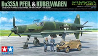 This cost-effective model kit set includes Item 61074 (1/48 Dornier Do335A Pfeil) and 32501 (1/48 German Kübelwagen Type82) with a special package and painting guide based upon Item 32501's package. The Do 335 featured a revolutionary design which had two engines and propellers, cross-shaped tail, and an ejection seat. The single- seat fighter-bomber Do335A was developed around the middle of 1944, but the war ended before its actual deployment. The Kübelwagen Type82 was developed based on the Volkswagen “Beetle”, and featured simple, lightweight structure with reliable air-cooling engine and 4-wheel independent suspension. During WWII, this vehicle was in service for German forces.