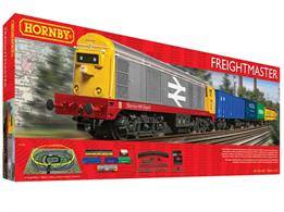 Hornby Freightmaster Train Set featuring a BR class 20 diesel locomotive and rolling stock from the late 1980s Railfreight era.The train set is completed with an oval of track, point to add a siding to allow wagons to be set out from the train, trackmat, on-railer and mains powered train speed controller.Contains1 BR class 20 Diesel Locomotive, 1 Coach, 3 Wagons, 3rd Radius Starter Oval, Track Pack A, R7229 Controller, P9000 Transformer, Re-railer, TrackMat &amp; Power Connecting Track