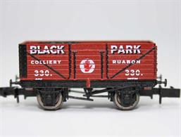 Nicely detailed N gauge model of the RCH 1923 design 7 plank open coal wagons used in great numbers by the larger railway companies and many private owners.This wagon is finished in the maroon livery of the Black Park Colliery, Ruabon wagon number 330.