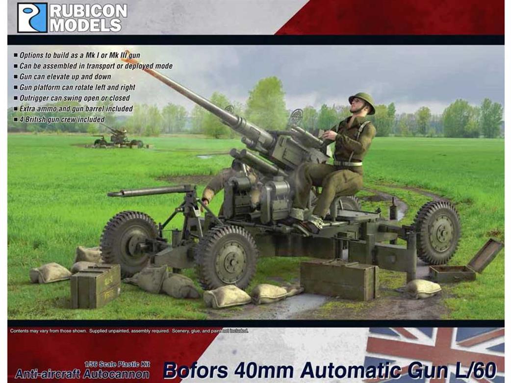 Rubicon Models 280123 British Bofors 40mm Automatic Gun Anti-Aircraft Autocannon Plastic Model Kit 1/56
