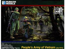 NVA figures per boxIncludes 5 identical sprues (6 figures each) and 1 command sprueOption to build a NVA command squad including flag bearer and buglerContains different webbings and pouches with PRC-10 radio setWeapons include Type 56 assault rifles, SKS carbines, RPG-7, M1911A1 pistol, and RPD machine gun30 x 25mm round lip bases includedNo of Parts: 424 pieces 5 identical sprues + 1 command sprue + 30 25mm round lip bases