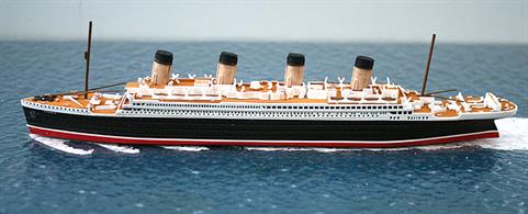 The RMS Titanic by Claytown is unusual in that it is one of the very few models that have been mass produced as a waterline model in 1/1200 scale because most small scale models of Titanic have been made in 1/1250 scale. The models were made in china for Claytown of Davie, Florida and not many were imported into the UK. This particular model is second-hand and replacement masts and derricks have been fitted , a white trim line has been applied to separate the black hull from the red of the waterline, the funnels have been repainted in a lighter shade of buff and a matt varnish has bee applied. The model is in very good condition, see photograph