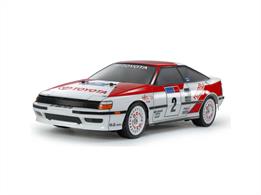 This R/C model assembly kit recreates the Toyota Celica GT-Four (ST165) with a stunning and highly detailed polycarbonate body. The kit is based on the beginner friendly and highly customizable TT-02 chassis, which is highly capable on asphalt and flat dirt for fun rally action!