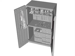 Fiiters' personal tools cupboard filled with small parts, hand tools, tool chests and the owners jacket. Supplied in 3 sections, cupboard and 2 separate doors, so these can be fitted in the open position. Width approx 25mm/1inSupplied unpainted.
