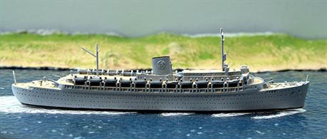 Wilhelm Gustloff, troop transport is a waterline, 1/1250 scale model of the former cruise ship in service with the Kriegsmarine from December 1940 to January 1945. This model is cast in Easyflo 60 polyurethane resin to make finer, more stable castings and has been given wood-effect painted decks and additional details by Coastlines Models CL-M524S, see photograph.A cheaper, all grey model of this ship is also available, see CL-M528.