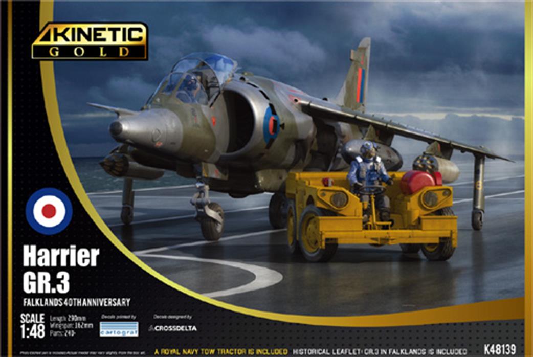 Kinetic Models 1/48 48139 BAe Harrier GR1/3 RAF VTOL Falklands 40th Anniversary with tow tractor Aircraft Plastic Kit