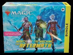 Due for release Friday 12th May 2023.Bundle contains:8 * March of the Machine: The Aftermath boosters1 * Alternate art foil promo Spark Rupture1 * Oversized spindown life counter4 * Basic land (20*foil, 20*non foil)1 * Storage box