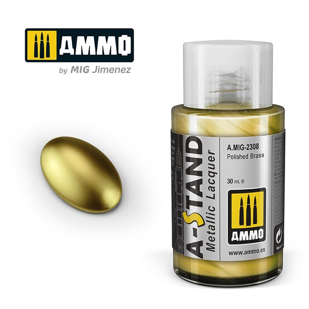 Ammo of Mig Jimenez  A.MIG-2308  A-Stand Polished Brass Metallic Lacquer 30ml Bottle